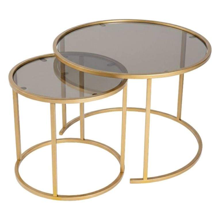 Tavolino da Salotto oro Bronzo set di 2 Tavolini Forma Rotondo 60x60x43h cm, Materiale Struttura in Vetro - Xaden