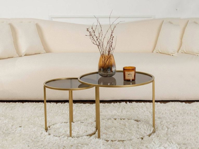 Tavolino da Salotto oro Bronzo set di 2 Tavolini Forma Rotondo 60x60x43h cm, Materiale Struttura in Vetro - Xaden
