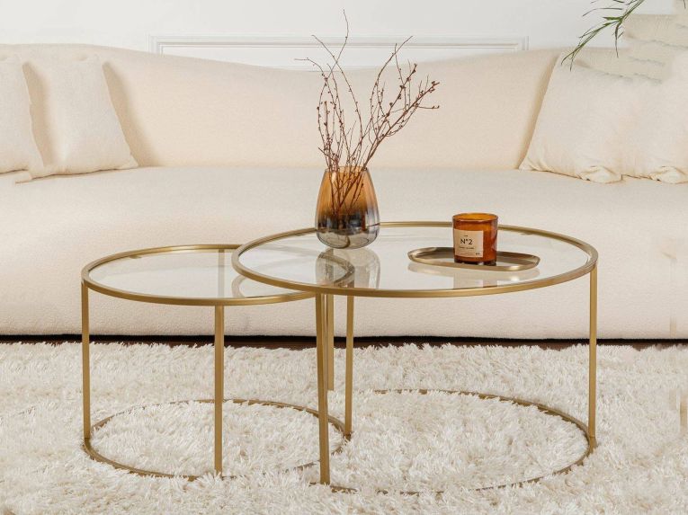 Tavolino da Salotto oro Cassetti set di 2 Tavolini 80x80x43h cm, Vani - Aedion