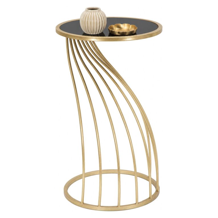 Tavolino da Salotto oro Nero Portatelefono Forma Rotondo 35x35x60h cm, Colore Ripiano Nero - Broome