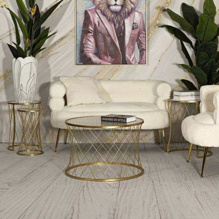 Tavolino da Salotto oro oro set di 4 Tavolini Forma Circolare 70x70x55h cm, Sfumatura Colore Ripiano Panna - Cabiaglio