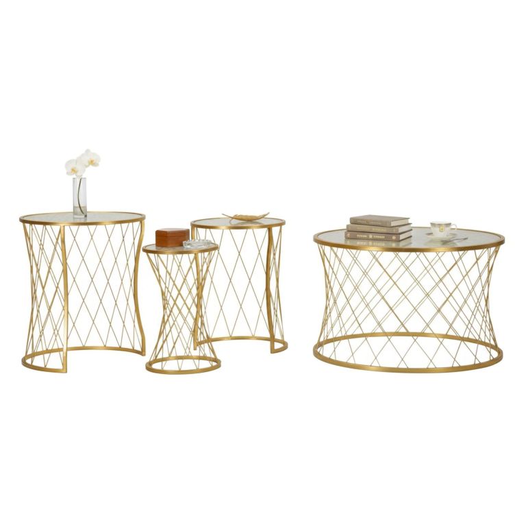 Tavolino da Salotto oro oro set di 4 Tavolini Forma Circolare 70x70x55h cm, Sfumatura Colore Ripiano Panna - Cabiaglio