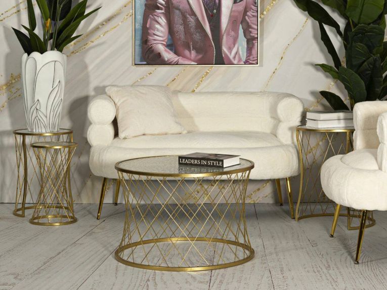 Tavolino da Salotto oro oro set di 4 Tavolini Forma Circolare 70x70x55h cm, Sfumatura Colore Ripiano Panna - Cabiaglio
