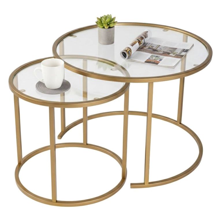 Tavolino da Salotto oro set di 2 Tavolini Peso Massimo Supportato 10 kg Forma Rotondo 60x60x43h cm, Materiale Piano in Vetro - Xaden