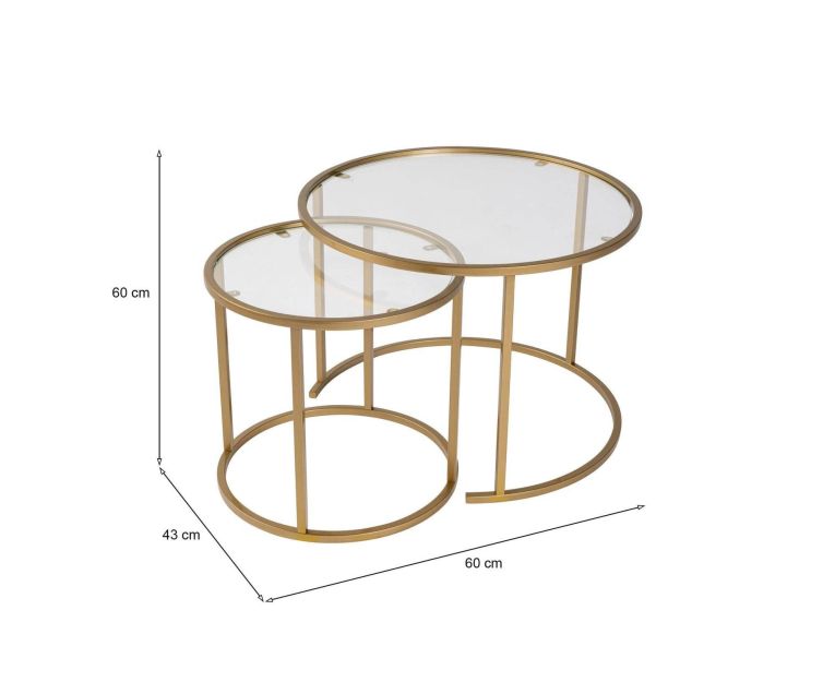 Tavolino da Salotto oro set di 2 Tavolini Peso Massimo Supportato 10 kg Forma Rotondo 60x60x43h cm, Materiale Piano in Vetro - Xaden