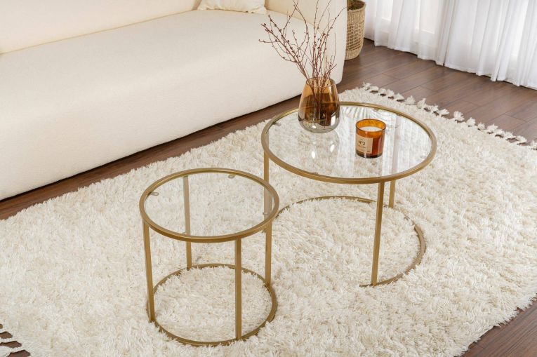 Tavolino da Salotto oro set di 2 Tavolini Peso Massimo Supportato 10 kg Forma Rotondo 60x60x43h cm, Materiale Piano in Vetro - Xaden
