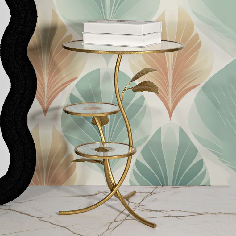 Tavolino da Salotto oro Trasparente 3 Ripiani Forma Rotondo 54x54x70h cm, Colore Ripiano Trasparente - Fana