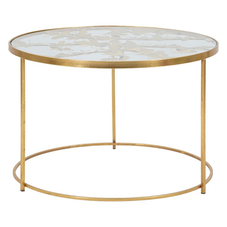 Tavolino da Salotto oro Trasparente Decorazioni con Farfalle Forma Rotondo 60x60x41h cm, Colore Ripiano Trasparente - Taketa