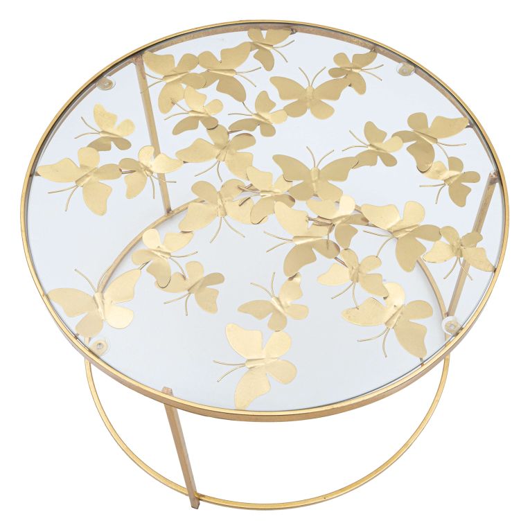 Tavolino da Salotto oro Trasparente Decorazioni con Farfalle Forma Rotondo 60x60x41h cm, Colore Ripiano Trasparente - Taketa