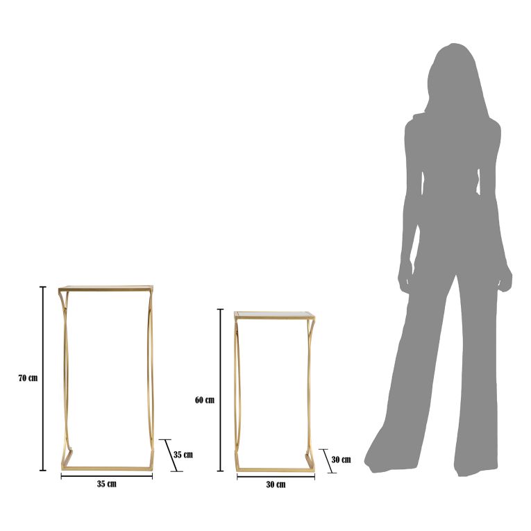 Tavolino da Salotto oro Trasparente set da 2 Modulabili Forma Quadrato 35x35x70h cm, Colore Ripiano Trasparente - Gane