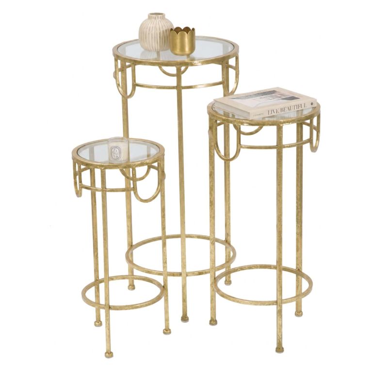 Tavolino da Salotto oro Trasparente set da 3 Portatelefono Forma Rotondo 33x33x70h cm, Colore Ripiano Trasparente - Gama