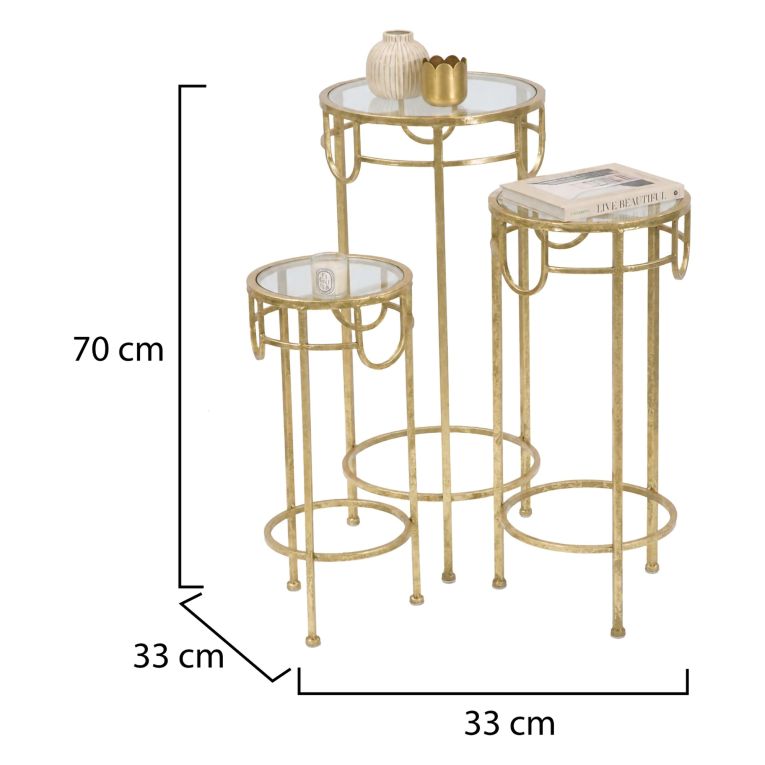 Tavolino da Salotto oro Trasparente set da 3 Portatelefono Forma Rotondo 33x33x70h cm, Colore Ripiano Trasparente - Gama