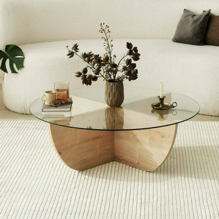 Tavolino da salotto Phoebe, Tavolo basso da soggiorno, Ripiano da caffè, 90x90h30 cm, Rovere