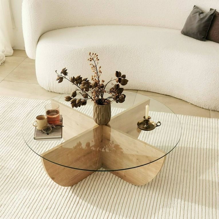 Tavolino da salotto Phoebe, Tavolo basso da soggiorno, Ripiano da caffè, 90x90h30 cm, Rovere
