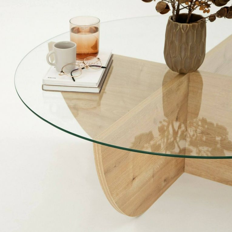 Tavolino da salotto Phoebe, Tavolo basso da soggiorno, Ripiano da caffè, 90x90h30 cm, Rovere