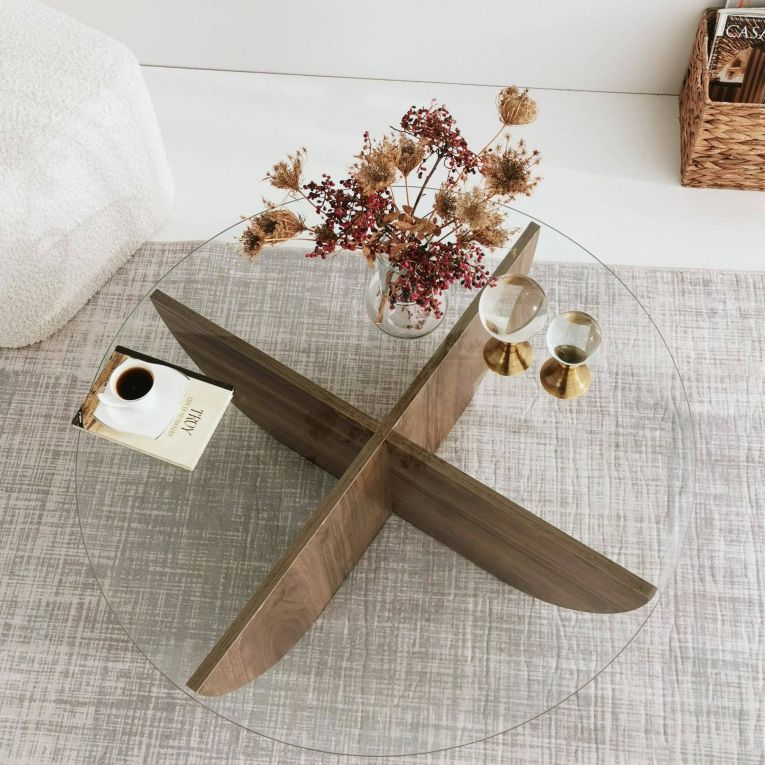 Tavolino da salotto Phoebe, Tavolo basso da soggiorno, Tavolino per divano, 90x90h30 cm, Noce