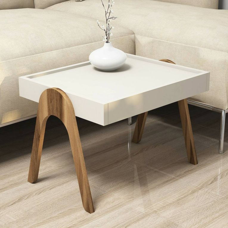 Tavolino da salotto Pholus, Tavolo basso da caffè, Portariviste per divano, Ripiano da soggiorno, 54x40 h64 cm, Noce e Crema