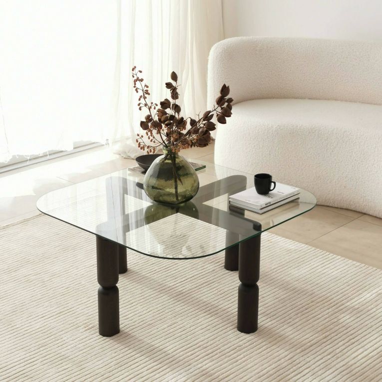 Tavolino da salotto Psamathe, Tavolo basso da soggiorno, Ripiano da caffè, Tavolino per divano, 80x80h40 cm, Antracite e Trasparente
