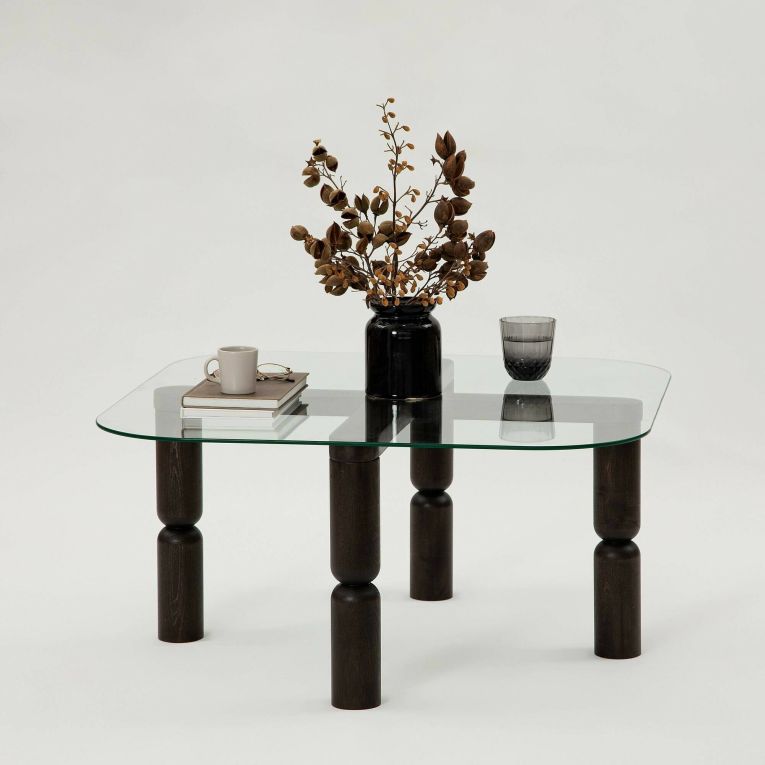 Tavolino da salotto Psamathe, Tavolo basso da soggiorno, Ripiano da caffè, Tavolino per divano, 80x80h40 cm, Antracite e Trasparente