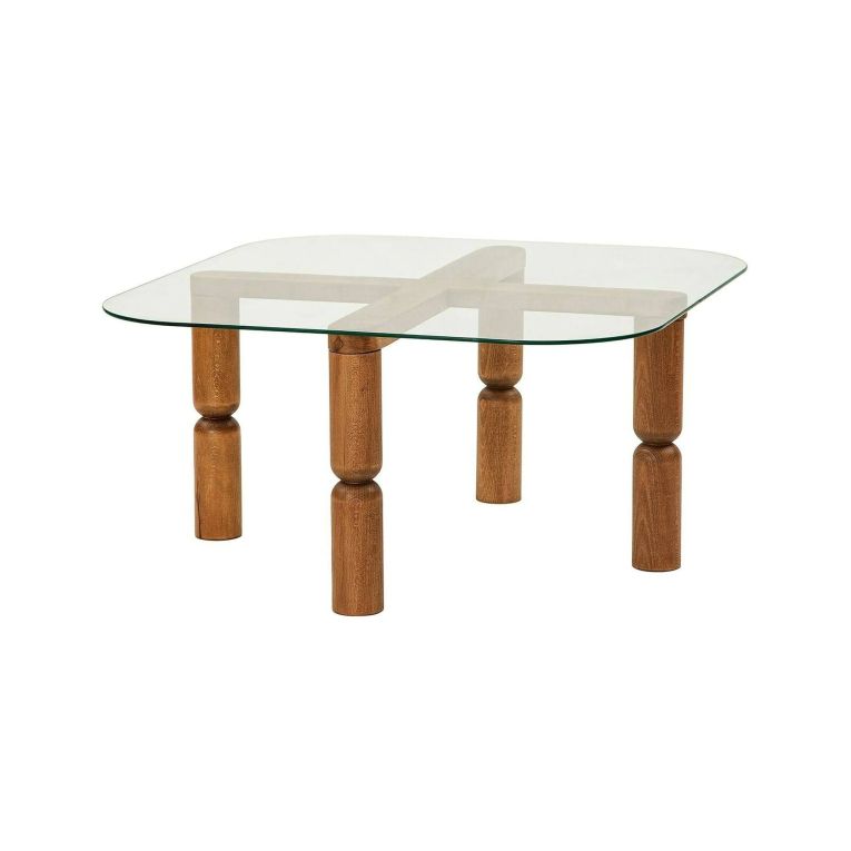 Tavolino da salotto Psamathe, Tavolo basso da soggiorno, Ripiano da caffè, Tavolino per divano, 80x80h40 cm, Noce e Trasparente