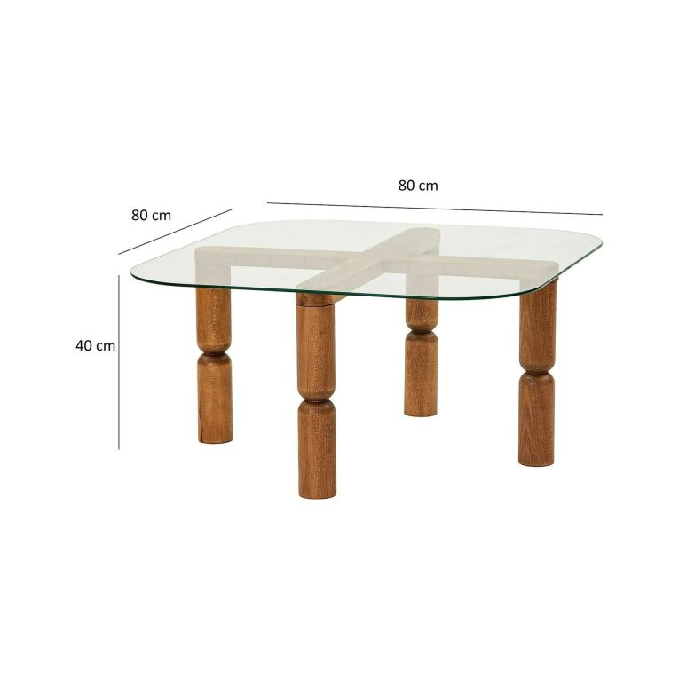 Tavolino da salotto Psamathe, Tavolo basso da soggiorno, Ripiano da caffè, Tavolino per divano, 80x80h40 cm, Noce e Trasparente