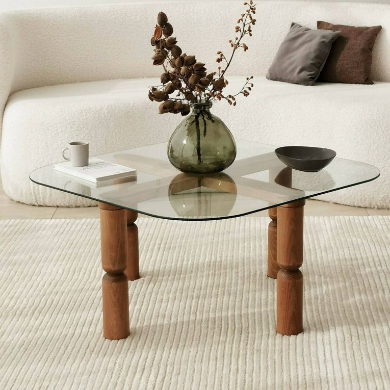 Tavolino da salotto Psamathe, Tavolo basso da soggiorno, Ripiano da caffè, Tavolino per divano, 80x80h40 cm, Noce e Trasparente