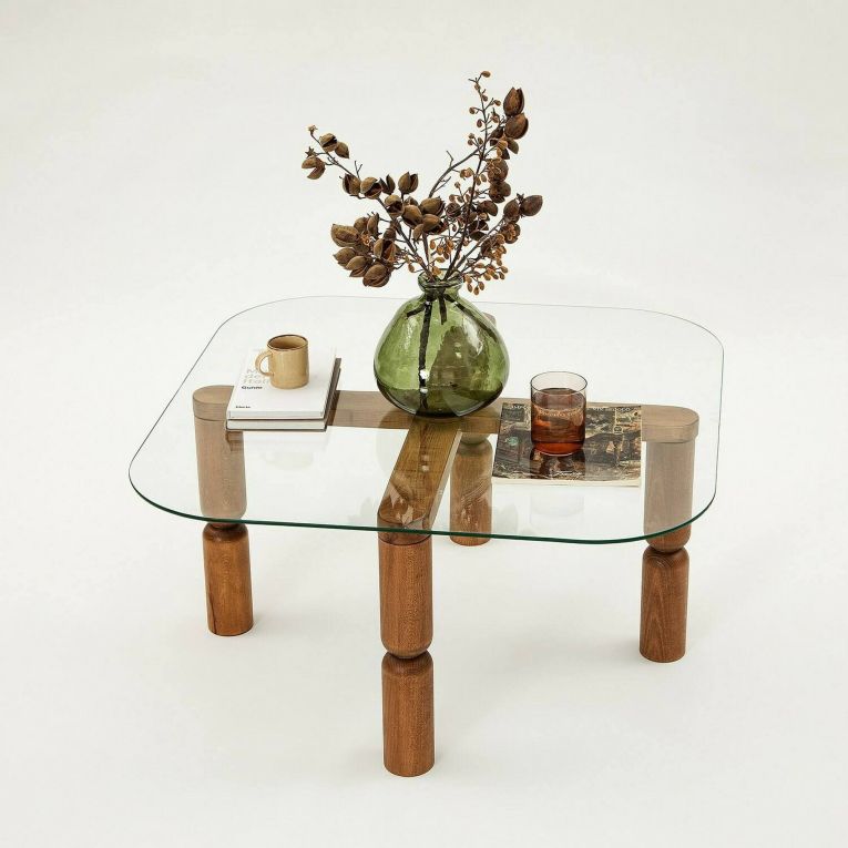 Tavolino da salotto Psamathe, Tavolo basso da soggiorno, Ripiano da caffè, Tavolino per divano, 80x80h40 cm, Noce e Trasparente