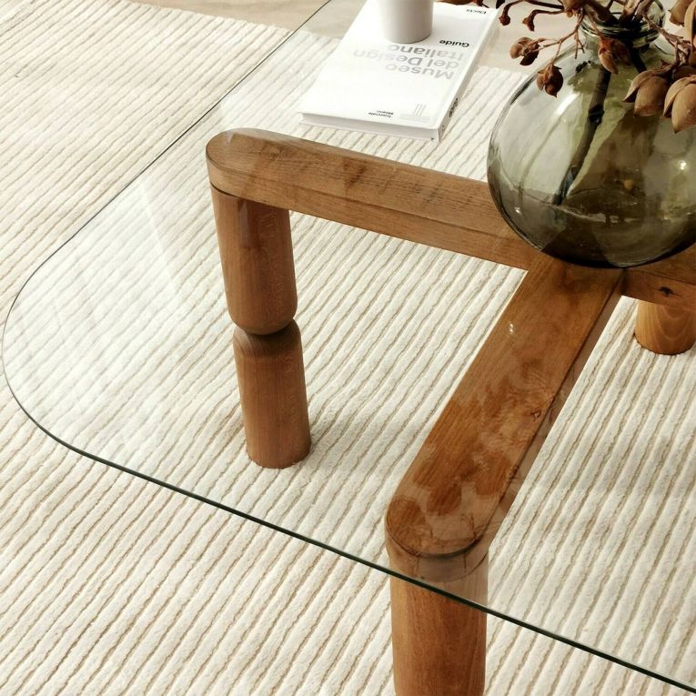 Tavolino da salotto Psamathe, Tavolo basso da soggiorno, Ripiano da caffè, Tavolino per divano, 80x80h40 cm, Noce e Trasparente