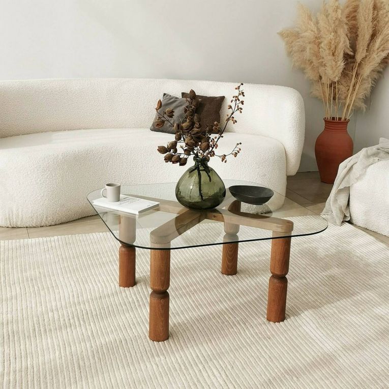 Tavolino da salotto Psamathe, Tavolo basso da soggiorno, Ripiano da caffè, Tavolino per divano, 80x80h40 cm, Noce e Trasparente