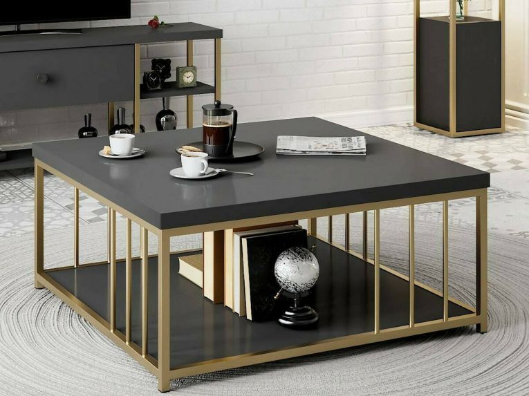 Tavolino da salotto quadrato antracite e oro 90x90x40h cm - Raiden