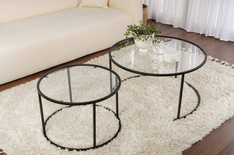 Tavolino da salotto Ragalna, Tavolo basso da caffè, Portariviste per divano, Ripiano da soggiorno, 80x80 h43 cm, Nero e Trasparente
