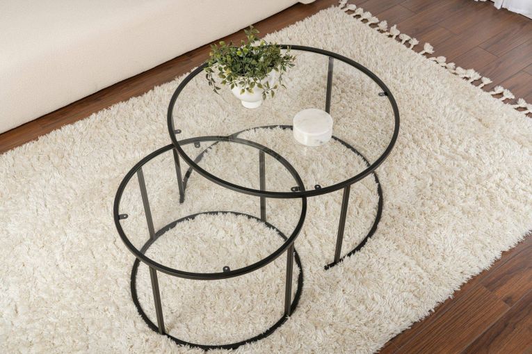 Tavolino da salotto Ragalna, Tavolo basso da caffè, Portariviste per divano, Ripiano da soggiorno, 80x80 h43 cm, Nero e Trasparente