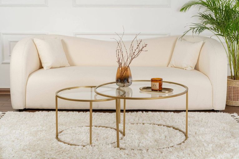 Tavolino da salotto Ragalna, Tavolo basso da caffè, Portariviste per divano, Ripiano da soggiorno, 80x80 h43 cm, Oro e Trasparente