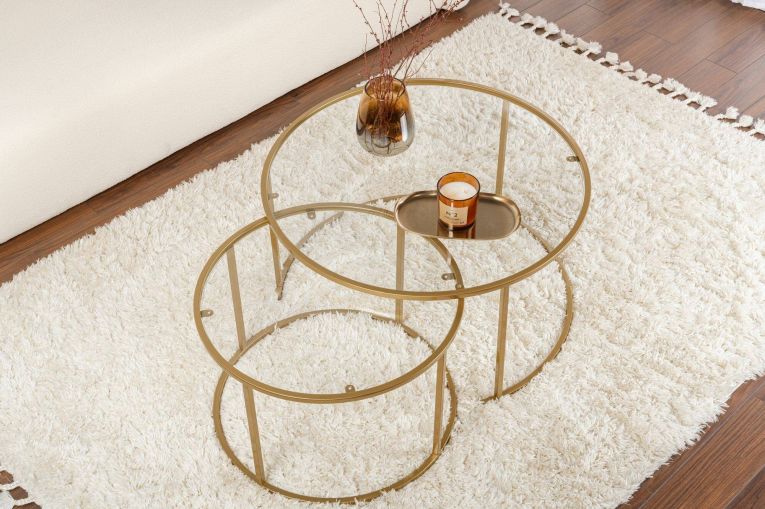 Tavolino da salotto Ragalna, Tavolo basso da caffè, Portariviste per divano, Ripiano da soggiorno, 80x80 h43 cm, Oro e Trasparente
