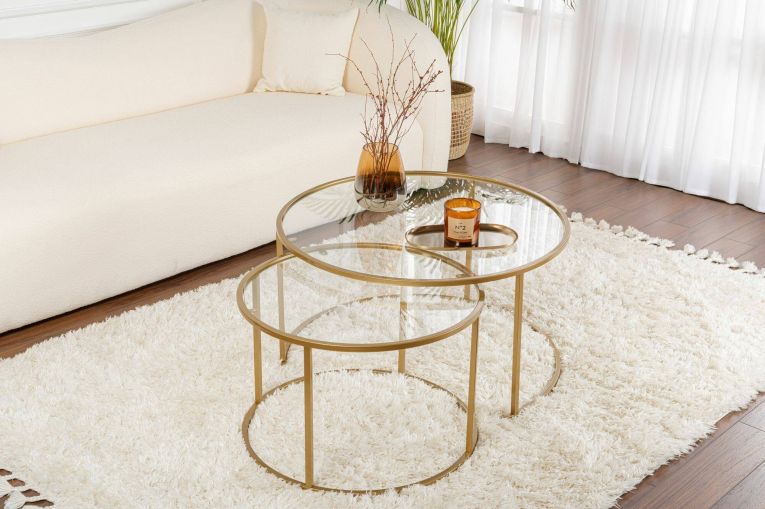 Tavolino da salotto Ragalna, Tavolo basso da caffè, Portariviste per divano, Ripiano da soggiorno, 80x80 h43 cm, Oro e Trasparente