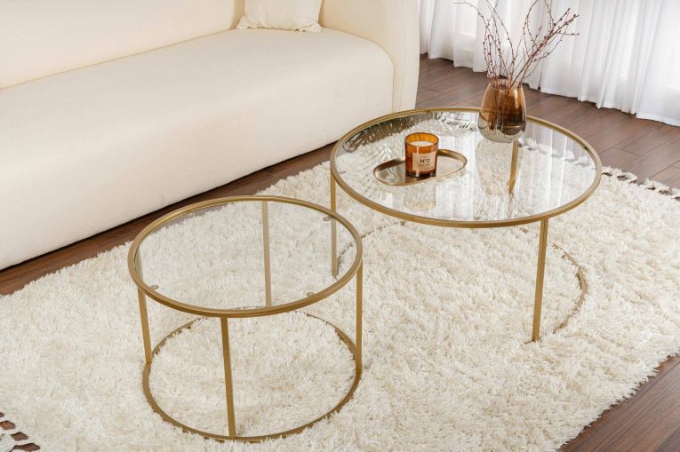 Tavolino da salotto Ragalna, Tavolo basso da caffè, Portariviste per divano, Ripiano da soggiorno, 80x80 h43 cm, Oro e Trasparente