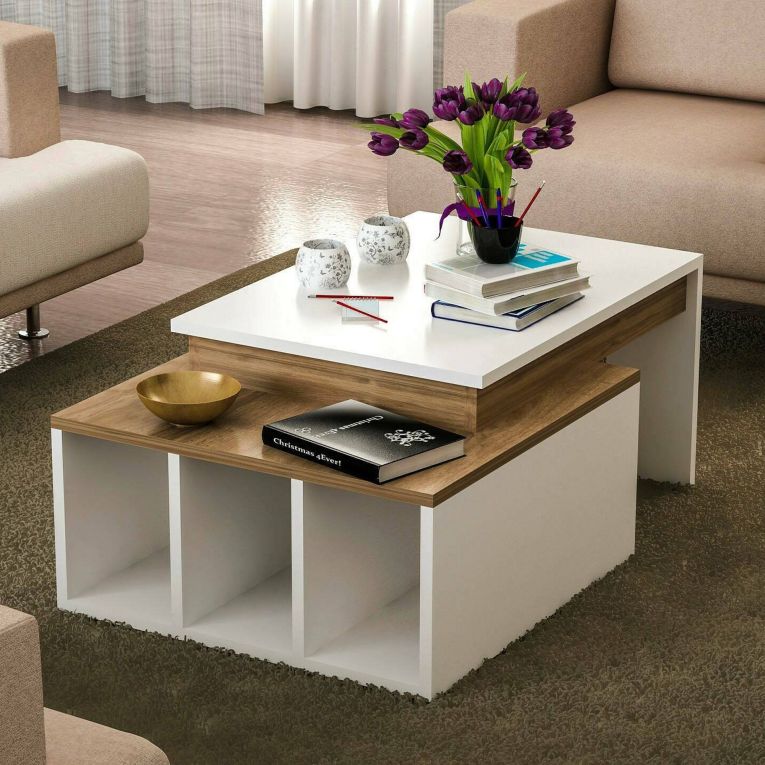 Tavolino da salotto rettangolare bianco e noce 90x60x37h cm - Virgile