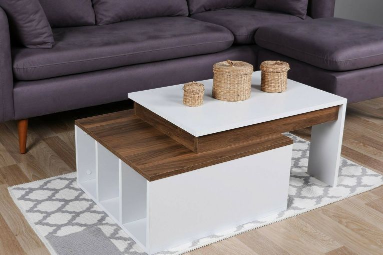 Tavolino da salotto rettangolare bianco e noce 90x60x37h cm - Virgile