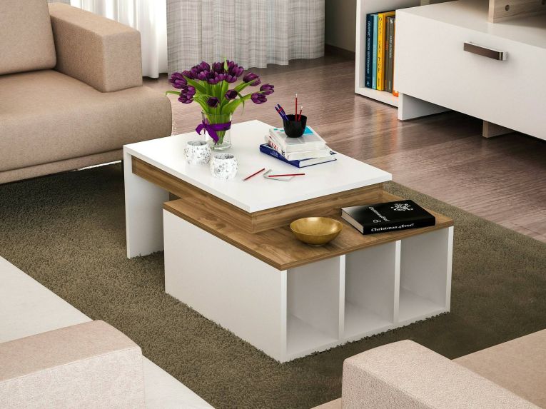 Tavolino da salotto rettangolare bianco e noce 90x60x37h cm - Virgile