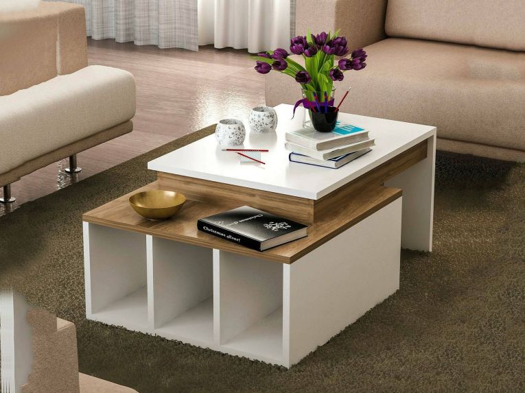 Tavolino da salotto rettangolare bianco e noce 90x60x37h cm - Virgile