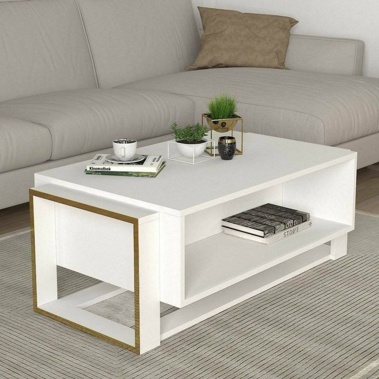 Tavolino da salotto rettangolare bianco e oro 106x60x40h cm - Gigliola