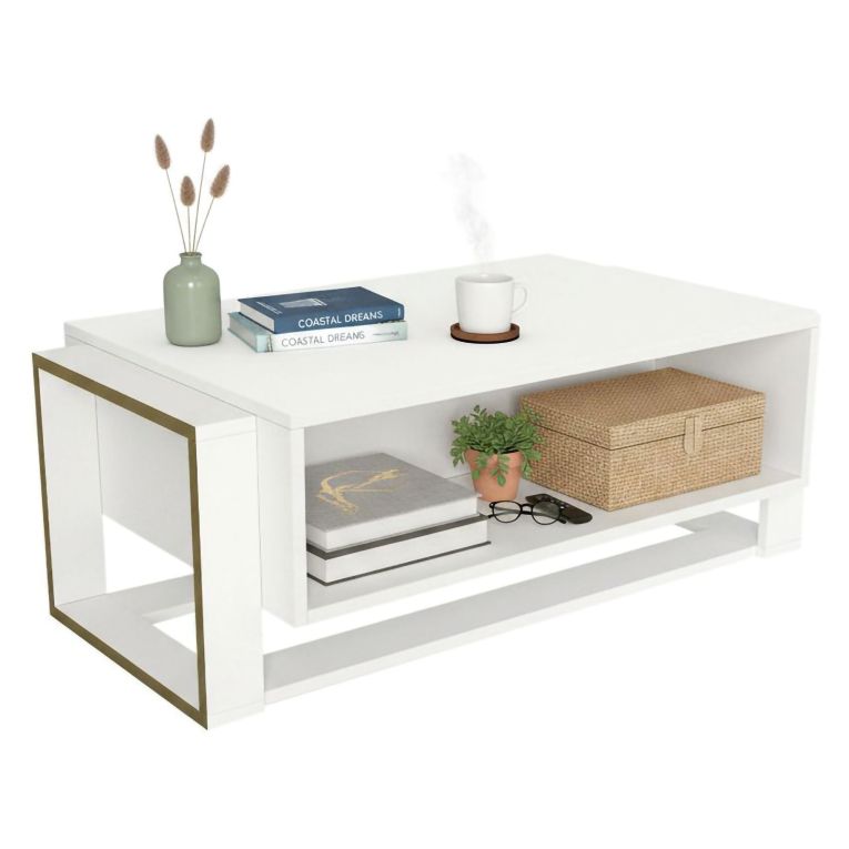 Tavolino da salotto rettangolare bianco e oro 106x60x40h cm - Gigliola