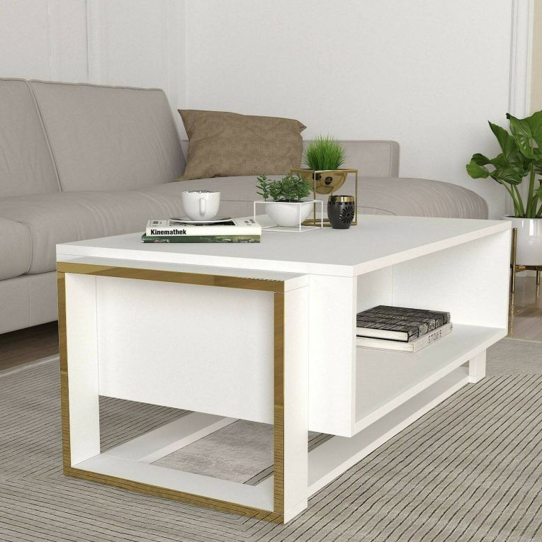 Tavolino da salotto rettangolare bianco e oro 106x60x40h cm - Gigliola