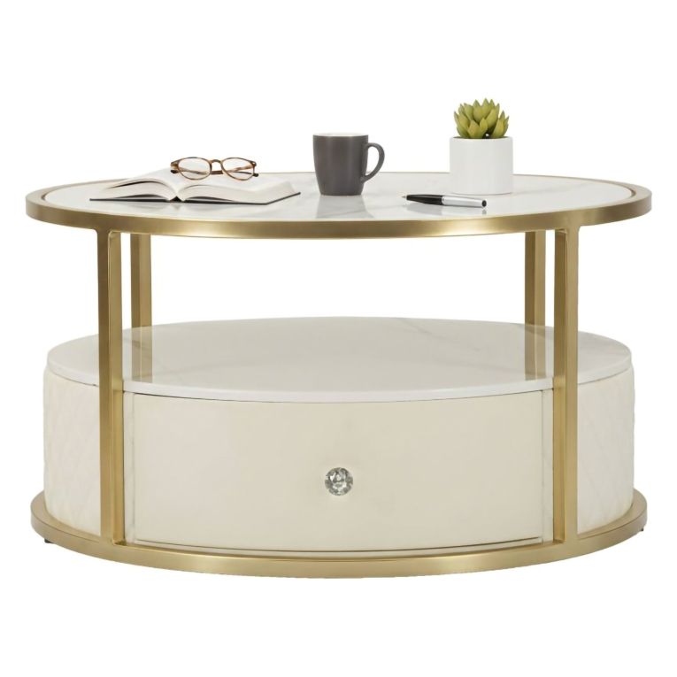 Tavolino da salotto rotondo bianco e oro 75x75x40h cm con 1 cassetto - Stabia