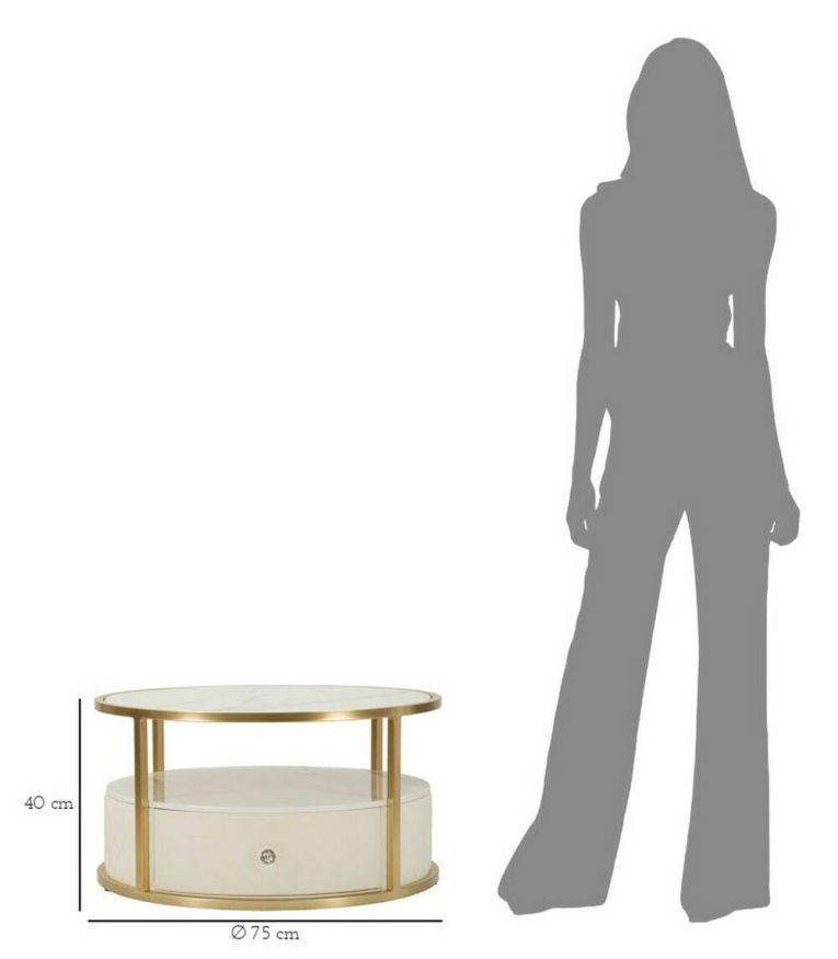 Tavolino da salotto rotondo bianco e oro 75x75x40h cm con 1 cassetto - Stabia