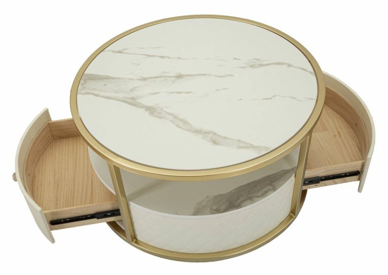 Tavolino da salotto rotondo bianco e oro 75x75x40h cm con 1 cassetto - Stabia
