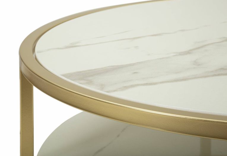 Tavolino da salotto rotondo bianco e oro 75x75x40h cm con 1 cassetto - Stabia