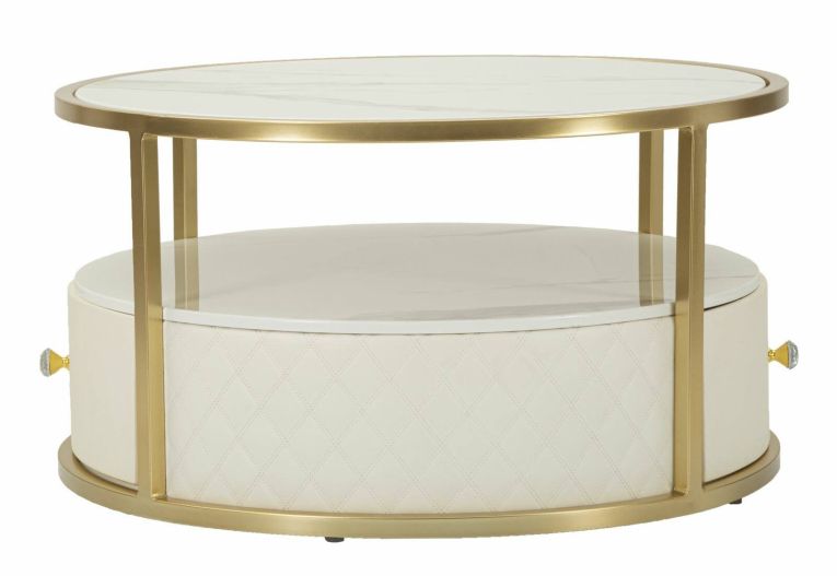 Tavolino da salotto rotondo bianco e oro 75x75x40h cm con 1 cassetto - Stabia