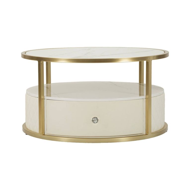 Tavolino da salotto rotondo bianco e oro 75x75x40h cm con 1 cassetto - Stabia