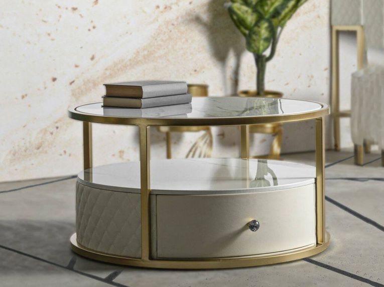 Tavolino da salotto rotondo bianco e oro 75x75x40h cm con 1 cassetto - Stabia